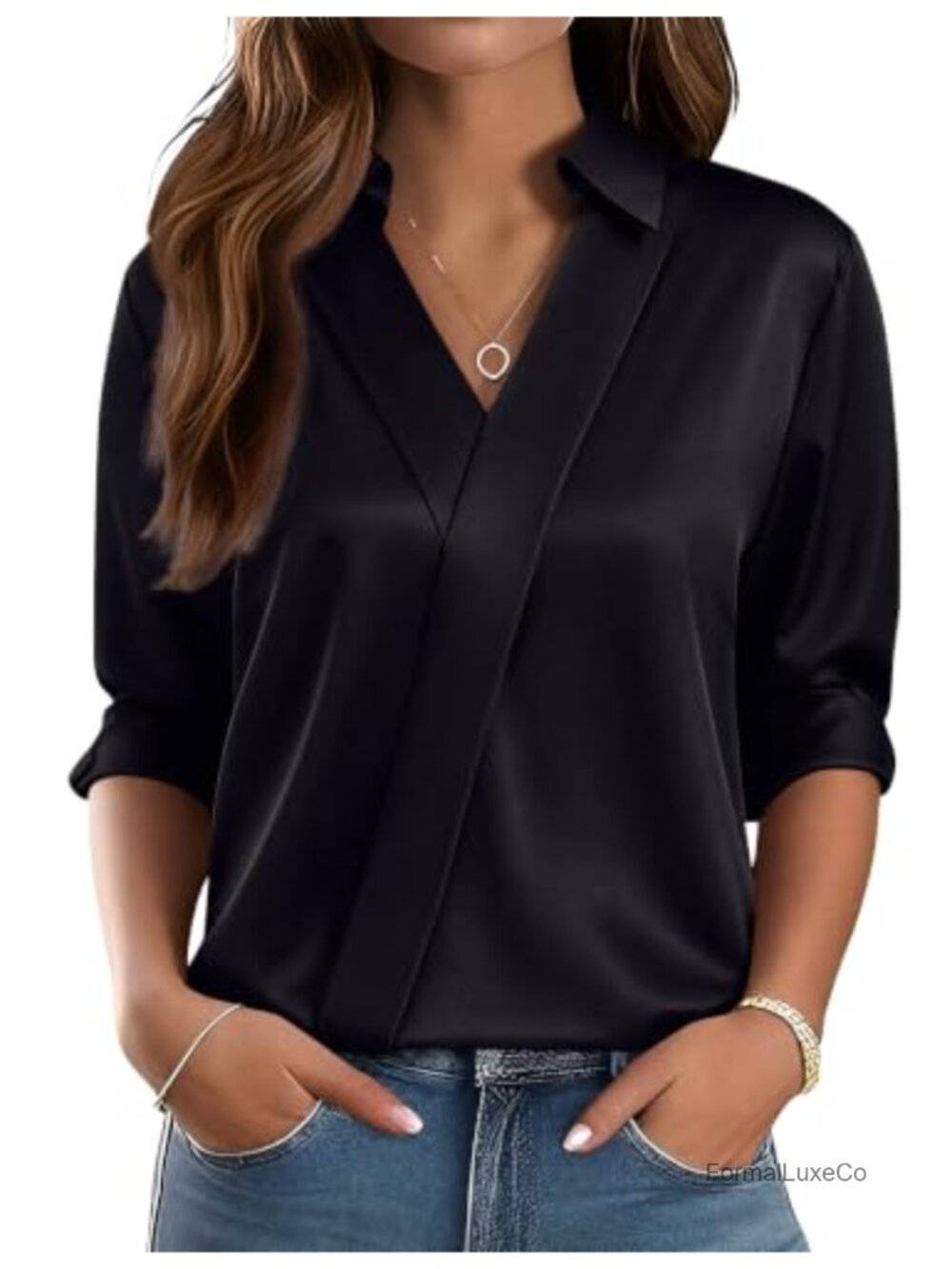 LOMON Long Sleeve Satin Blouse V Neck Collared Business Casual Top
